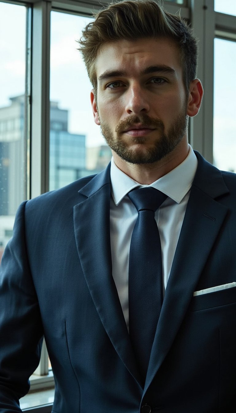 lose-up of a man in a navy suit, seated by a large window in a modern high-rise office, natural daylight hitting one side of his face, clean shave, calm and focused expression, background blur of a city skyline, cinematic tone, ultra-realistic, 16:9