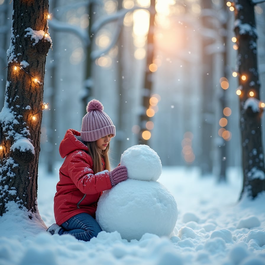 child in warm winter attire, building a snowman amidst frost-tipped trees, surrounded by glittering snowflakes, under a pale blue sky, twinkling fairy lights strung along the trees in a serene, snow-covered forest.