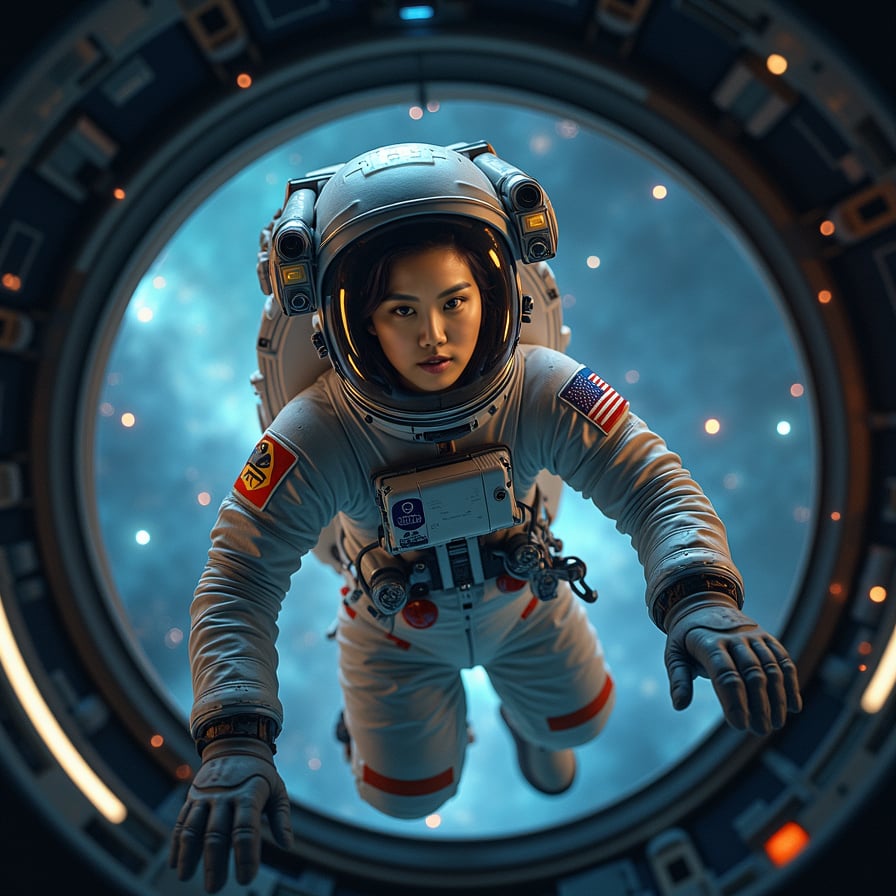 A woman astronaut floats in zero gravity, facing the camera with an intense gaze. Stars and galaxies fill the backdrop, giving a sense of depth and vastness. Her suit has illuminated details, and the visor is slightly lifted to reveal her face. There’s a look of wonder and strength as she hovers against the backdrop of the universe