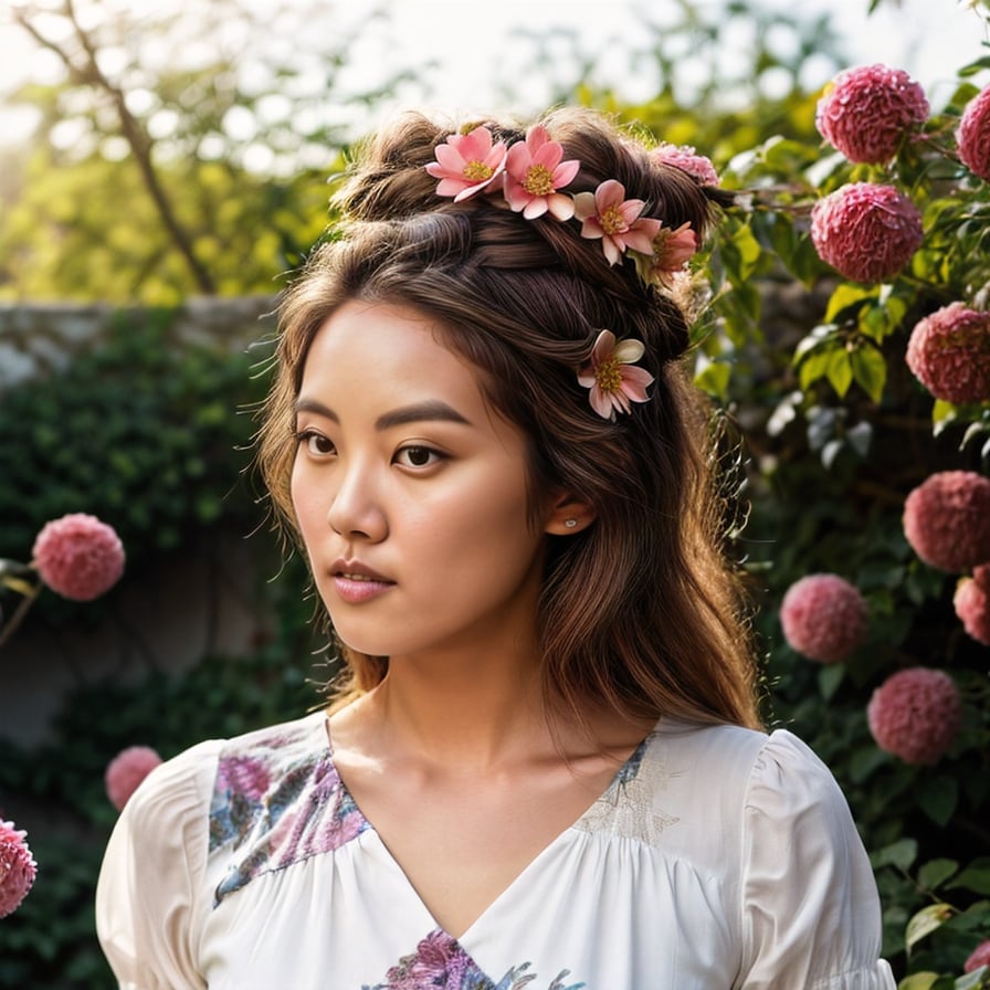 beautiful girl with flowers in her hair, adorned in a flowy, bohemian dress, under soft, warm sunlight in a lush garden background.