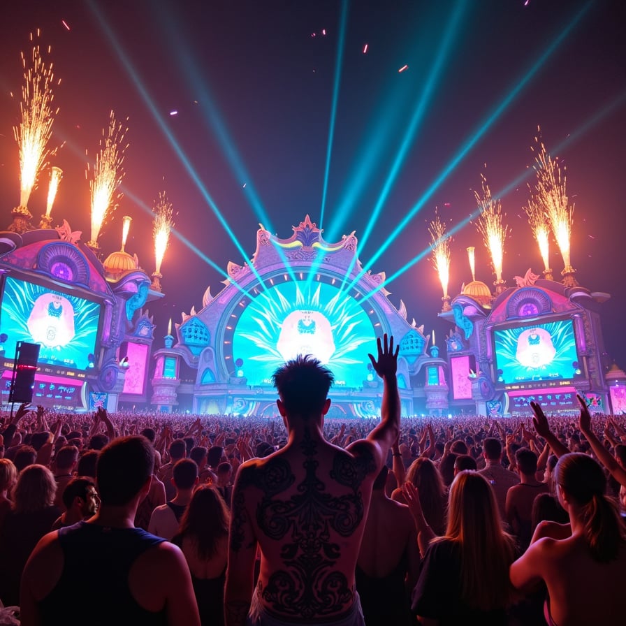 Massive crowd at a nighttime music festival, illuminated by colorful, intricate light displays and lasers. The crowd is dancing with hands up, surrounded by an enormous stage with giant LED screens and holographic visuals. Fireworks and confetti fill the sky, adding to the excitement and festival vibe. The stage features fantastical, futuristic architecture with neon colors and metallic details.