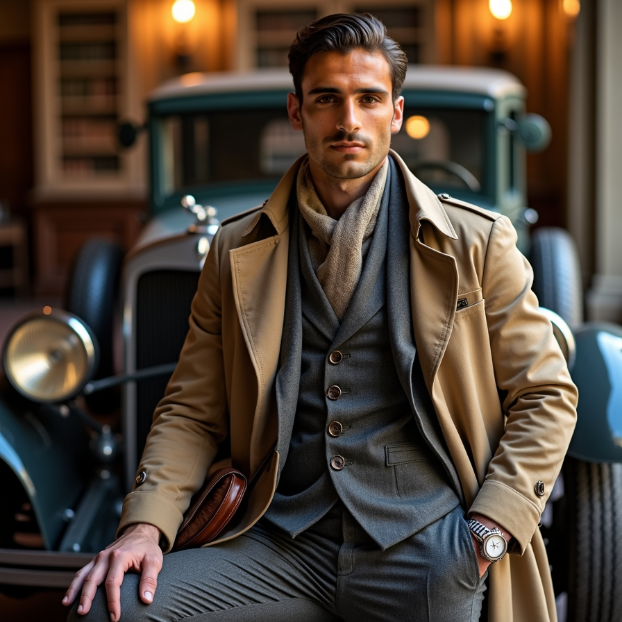 man standing in front of a classic car or a vintage mansion. He is dressed in a 
