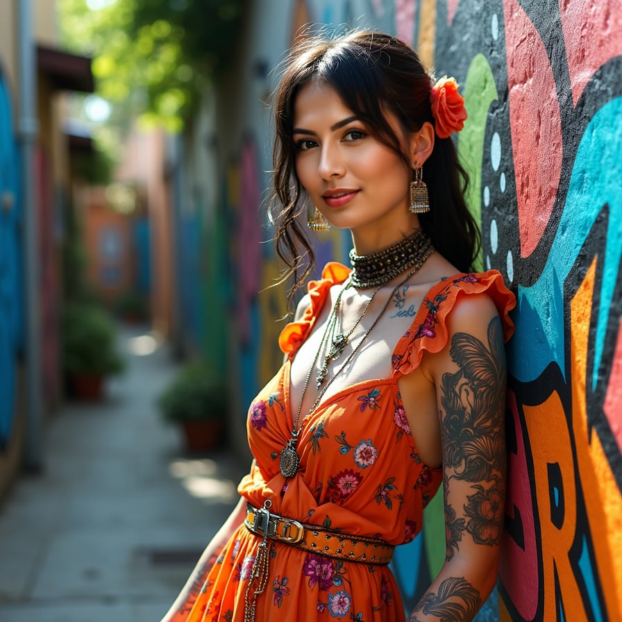 woman in vibrant, flowing maxi dress with floral patterns and layered ruffles, adorned with statement jewelry, posing against a bright and airy outdoor backdrop with lush greenery.