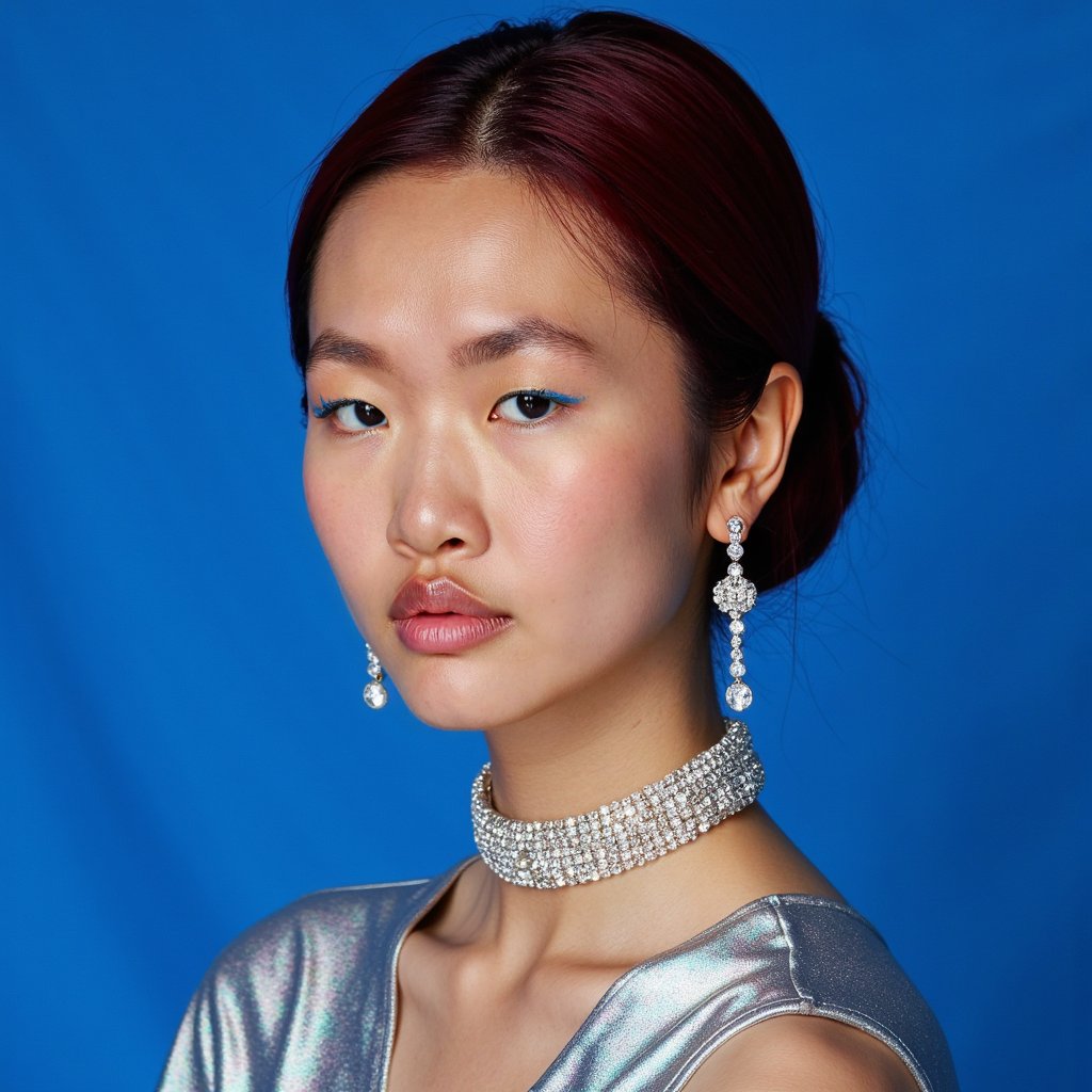 woman wearing a stunning couture gown that shimmers with an iridescent play of pearl and silver, featuring an asymmetrical neckline and a floor-sweeping train with subtle pleating. She is adorned with delicate yet striking statement jewelry, including an intricate silver choker with crystal accents and matching cascading earrings that brush her shoulders. The scene is set against a solid, high-contrast studio backdrop of a deep ultramarine blue, making the subject stand out dramatically. Her hair is styled in a sophisticated chignon with a few elegant wisps framing her face. Her dramatic, shimmering azure eyeliner is meticulously blended over her eyelids, complementing a perfectly sculpted matte foundation. Her full lips are adorned with a luminous coral-tinted gloss, reflecting subtle light. Her gaze is intense and direct, conveying a serene yet profound demeanor. The austere, vivid fuchsia backdrop is illuminated by diffused, softbox lighting that casts delicate, precise shadows, highlighting the impeccable artistry of her makeup and the fine texture of her meticulously groomed brows.