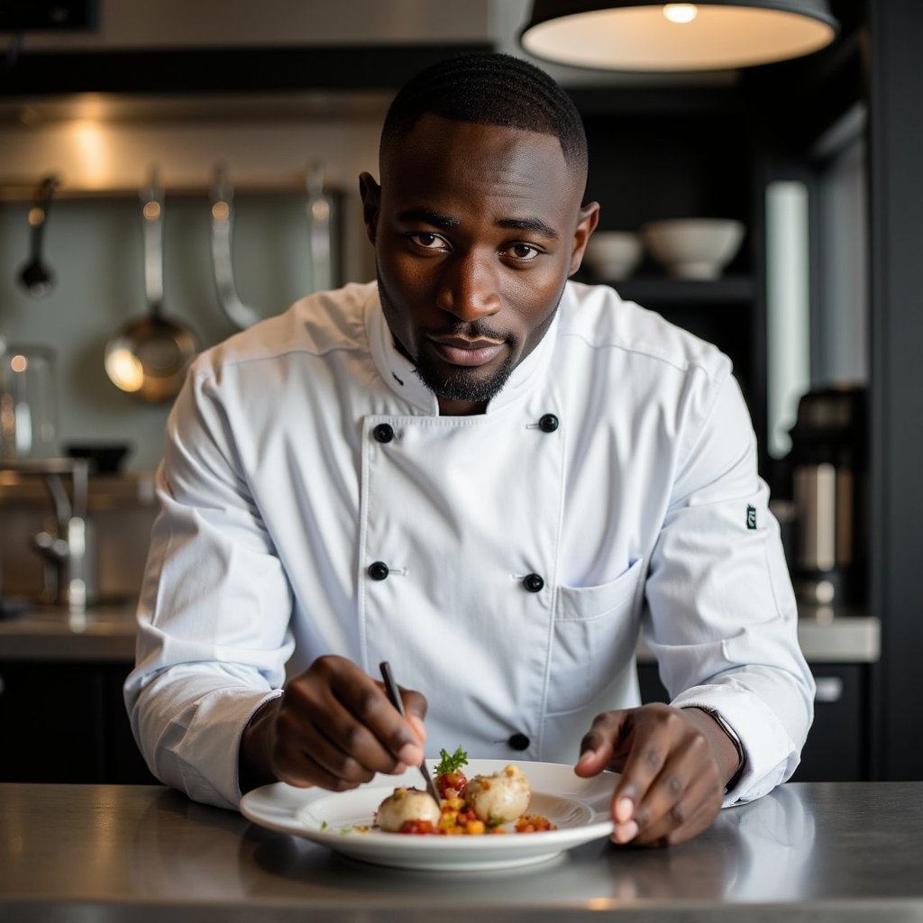 Highly detailed, highly realistic HDR portrait of a man chef in a spotless double-breasted cotton chef jacket with matte black buttons, sleeves neatly rolled; short trimmed beard, hair under black cap. Camera: 50mm lens, f/2.2, ISO 320, shot slightly above eye-level, waist-up angle to emphasize plated dish. Lighting: tungsten kitchen lights with softbox fill from camera left, gentle shadows to right; highlights glint on stainless counter. Pose: leaning slightly forward, right hand placing garnish with tweezers, focused expression. Background: softly blurred pass-through window and shelves of clean pans, minimal clutter.