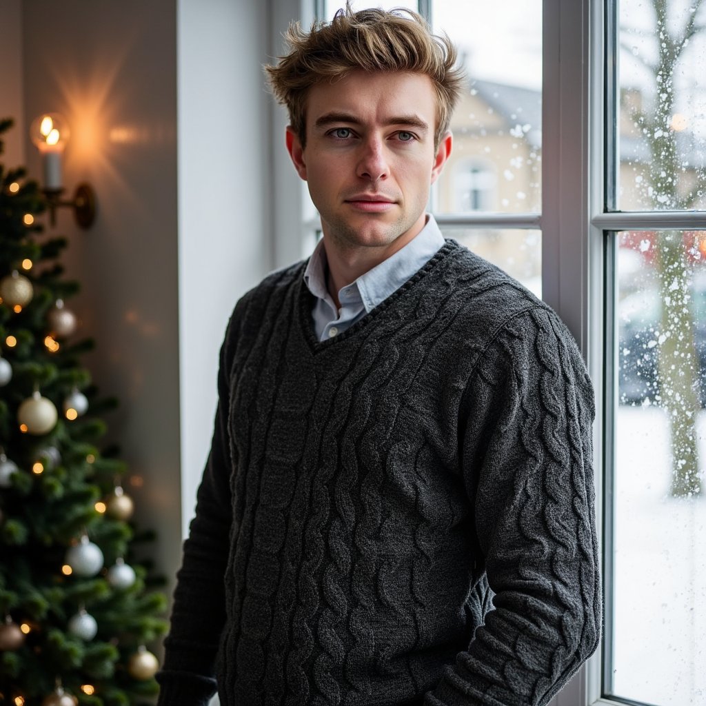 Waist-up portrait of a man standing at a frost-kissed bay window, turned 30° away from camera and gazing past the lens, off-center framing. He wears a charcoal wool cable-knit sweater layered over an oxford shirt with a slightly rumpled collar; fine wool fiber texture visible. Hair: short, side-part, lightly tousled; subtle weekend stubble. Lighting: cool north-light window key with a gold bounce fill from the right to add Christmas warmth; faint practical bokeh of a small tree in the background. Background: frosted glass with delicate condensation trails; minimal decor (a single brass candlestick out of focus). Camera: 50mm lens, f/2; highly realistic, highly detailed, HDR; crisp eye catchlights, sweater pattern sharply resolved; calm, still pose.