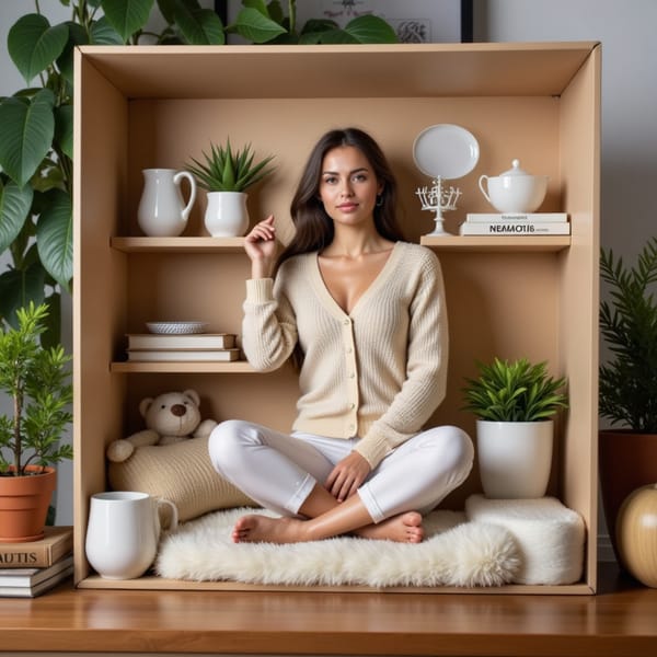 Woman sitting cross-legged in the box, cozy cardigan, surrounded by plants, books, glasses, tea mug
