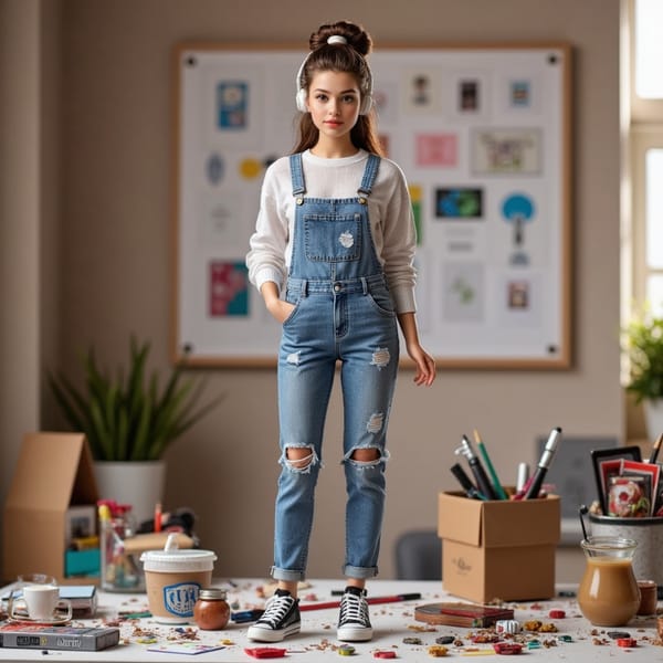 A stylish female action figure with paint-stained overalls, headphones on, standing in front of a cluttered craft table. Scattered around: paint tubes, a sketchpad, iced coffee, a mood board.