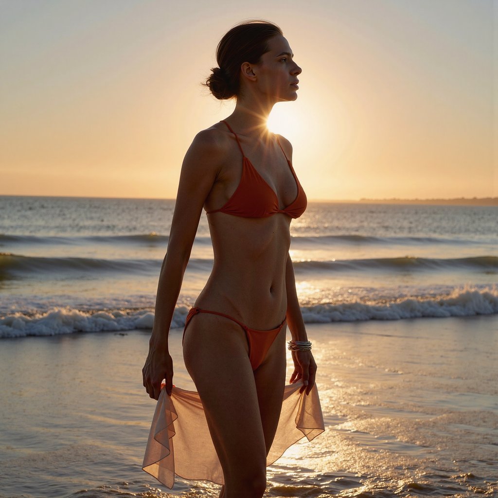 Adult woman — golden-hour silhouette at shoreline, side-profile three-quarter shot; attire: minimalist triangle bikini (burnt orange, matte rib knit) with subtle topstitching; hair: loose low bun with wispy flyaways; makeup: natural, warm-toned; pose: standing in ankle-deep water, weight on back leg, near-hand gently holding a thin chiffon cover-up that trails down (no complex finger shapes), eyes toward horizon; camera: 50mm, f/2.8, ISO 100, 1/2000s; lighting: strong backlight from low sun creating a clean rim around shoulders/cheek, negative fill (black flag) on camera-right to deepen facial contour, slight reflector from camera-left to lift shadows; background: minimal—smooth waves and a clean sky gradient, no boats or people; details: fine droplets on calf catching sun, rib texture and stitch lines visible on bikini, tiny salt crystals along cover-up hem; style: highly realistic, highly detailed, HDR, warm cinematic palette.