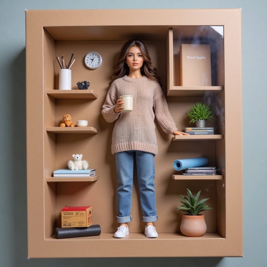 Relaxed woman in oversized sweater, holding a coffee, surrounded by books and a yoga mat, in beige packaging