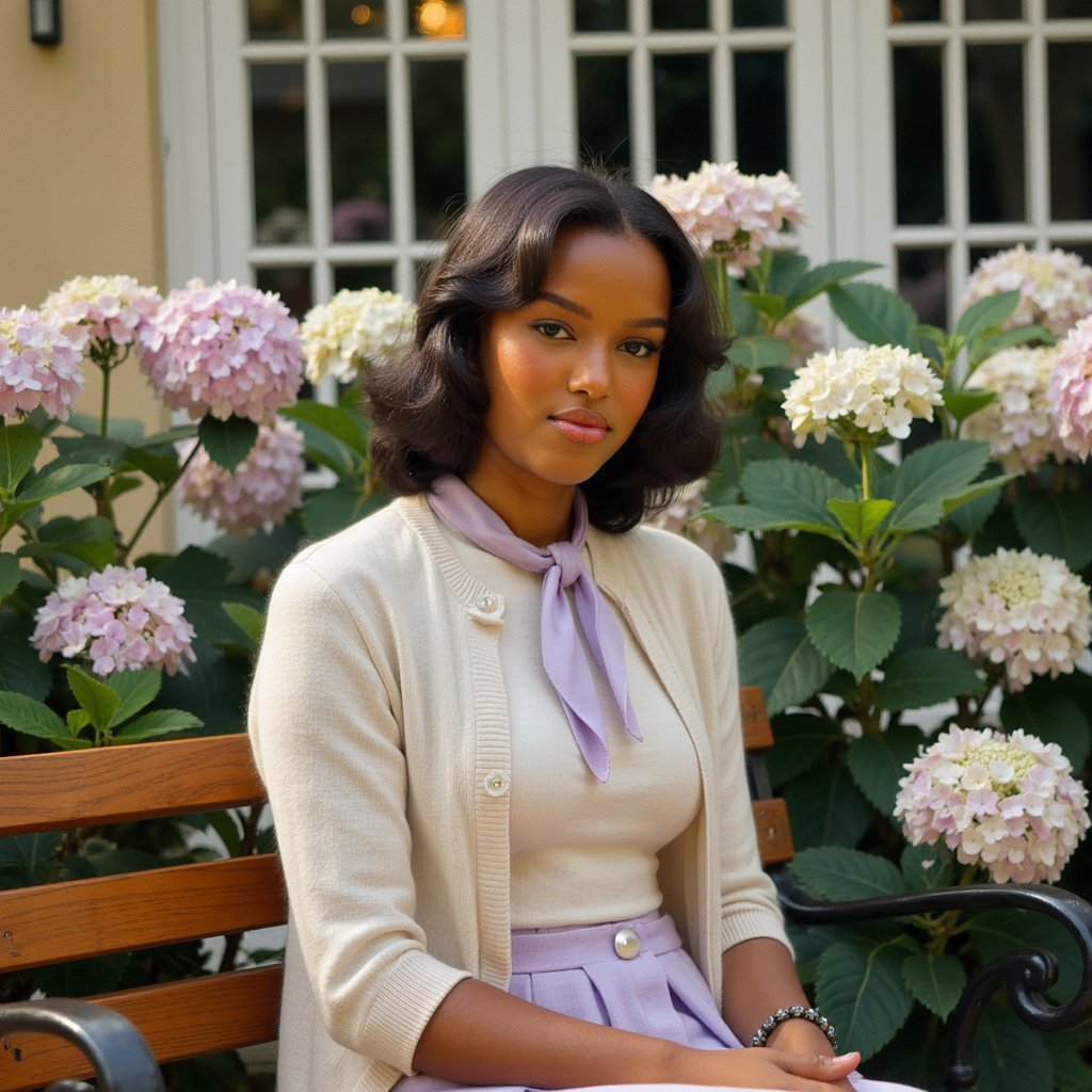 Highly detailed outdoor 1960s yearbook image of a girl seated on a wooden bench in the school’s garden, framed waist-up with a 50mm lens. She wears a cream blouse with puff sleeves in lightweight cotton, faint creases visible where her arms bend. Over it, a light cardigan in pale lilac, knitted with a delicate lace pattern, small pearl buttons fastened at the chest. Her hair is styled in shoulder-length curls with a silk scarf tied in a knot at the side. Skin is warm-toned with realistic sunlit glow on the cheekbones, a hint of mascara defining the eyes, and lips lightly tinted coral. She sits angled toward the camera, hands resting neatly in her lap, posture composed but relaxed. Background is softly blurred hydrangea bushes, their pastel blooms complementing her outfit, with golden-hour sunlight filtering through leaves.