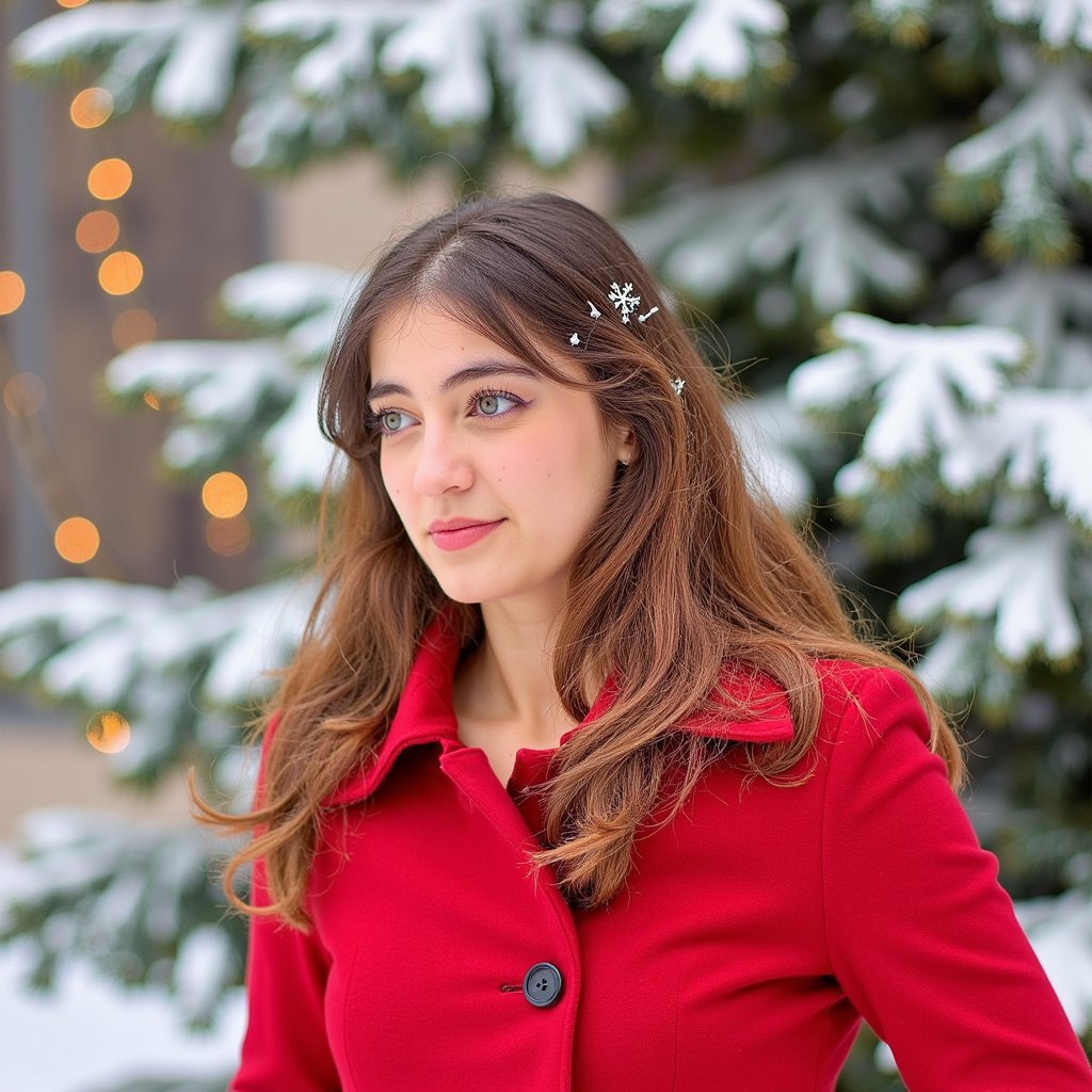 Waist-up outdoor portrait of a woman wearing a vivid red wool coat with a structured collar and black buttons; coat texture visible in crisp detail. She stands slightly turned away from the lens, looking gently back with a soft expression, still pose.
Hair: loose, soft curls with snowflakes resting naturally on the strands.
Makeup: natural glam—soft brown eyeliner, rosy cheeks, satin neutral lips.
Lighting: bright overcast snow-reflected light creating soft, even illumination; subtle highlights on coat fibers.
Background: blurred snowy evergreens with tiny golden fairy lights; minimal clutter.
Camera: 85mm f/2, eye-level; highly detailed, highly realistic, HDR, snowflakes, coat fibers, and eye reflections rendered sharply.