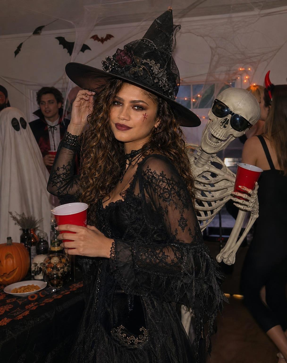 Transform the woman in the uploaded reference photograph into an ultra-photorealistic, spooky yet playfully funny Halloween house-party scene.
REFERENCE IMAGE — IDENTITY ONLY
Use the uploaded image strictly to preserve Zendaya’s recognizable facial identity, natural facial structure, skin tone, eye shape, nose, lips, and overall likeness.
Do NOT copy the original pose, expression, hairstyle arrangement, makeup, clothing, background, lighting, or camera composition.
Create a completely new, believable candid Halloween party photograph featuring the same woman.
HALLOWEEN COSTUME — GLAMOROUS DARK WITCH
Dress her in an elaborate, fashionable black gothic witch costume featuring a fitted velvet bodice, delicate black lace sleeves, subtle distressed lace detailing, a flowing layered skirt, and a dramatic pointed black witch hat decorated with dark dried flowers and delicate cobweb accents.
The outfit should look like a real, expensive Halloween costume worn to a party, not a fantasy illustration.
Style her naturally voluminous brown curly hair in loose, slightly messy waves flowing over her shoulders.
Give her dramatic but realistic Halloween makeup: smoky charcoal eyeshadow, slightly smudged eyeliner, deep burgundy lips, and a small realistic fake-blood scratch near one cheekbone.
Her face must remain fully recognizable, with natural skin pores and authentic facial proportions.
NEW POSE AND EXPRESSION
Capture a spontaneous, playful moment at a crowded Halloween house party.
Zendaya is standing casually near a decorated party table, photographed from approximately mid-thigh upward.
Her body is turned slightly sideways, with one shoulder closer to the camera.
She holds a red plastic party cup naturally in one hand while using her other hand to slightly adjust the brim of her witch hat.
She is giving the camera a mischievous, amused smile, as though someone has just made a ridiculous joke.
Her posture should be relaxed, slightly imperfect, and naturally expressive.
Avoid stiff fashion-model posing.
FUNNY AND SPOOKY TWIST
Immediately behind Zendaya, a life-sized plastic skeleton wearing oversized black sunglasses is hilariously photobombing her.
The skeleton leans into the frame from behind her shoulder, holding a red party cup in one skeletal hand.
Its skull is tilted slightly toward the camera, creating a ridiculous party-guest expression.
The skeleton must look like a realistic physical Halloween prop, with believable joints, natural positioning, and accurate bone structure.
REALISTIC HALLOWEEN PARTY BACKGROUND
Set the photograph inside a real, slightly crowded residential Halloween party.
Include a few naturally blurred guests wearing recognizable Halloween costumes, such as a simple white-sheet ghost, a vampire, and someone wearing small devil horns.
Decorate the room with unevenly stretched artificial spiderwebs, black paper bats, a few carved pumpkins, inexpensive Halloween decorations, and a partially visible snack table.
Keep the environment believable and slightly messy, like a real party where people are actively having fun.
The Halloween theme must be immediately recognizable without overcrowding the photograph.
LIGHTING — NATURAL PARTY PHOTOGRAPHY
Use authentic direct-camera-flash photography with soft ambient indoor lighting.
Maintain natural skin tones, realistic shadows, visible skin texture, and slightly imperfect photographic exposure.
Keep colors vibrant but realistic, with neutral skin tones and controlled warm highlights.
No heavy orange cast, no red floodlighting, no excessive yellow lighting, no glowing skin, and no cinematic fantasy effects.
CAMERA AND COMPOSITION
Authentic candid party photography captured with a modern smartphone.
Vertical 4:5 composition, medium-wide framing showing her costume, expressive body language, skeleton photobomber, and recognizable Halloween party environment.
Natural depth of field, slight background blur, sharp facial details, realistic fabric textures, and subtle low-light photographic grain.
STRICT NEGATIVE CONSTRAINTS
Do not preserve the original pose, original black strapless dress, original makeup, original facial expression, or original background.
Do not change her facial identity, facial proportions, or natural skin tone.
No generic AI influencer face, no excessive beauty filters, no plastic skin, no airbrushed texture, no overly perfect hair, no stiff posing, no exaggerated facial expressions, no distorted hands, no extra fingers, no floating props, no malformed skeleton, no artificial CGI appearance, no Halloween movie poster styling, no heavy color grading.
FINAL RESULT
One authentic-looking, spontaneous Halloween party photograph featuring recognizable Zendaya in a glamorous spooky witch costume, with a hilarious skeleton photobomber.
The image should feel funny, slightly creepy, fashionable, lively, and genuinely photographed at a real Halloween party — not digitally generated or staged for an advertisement.