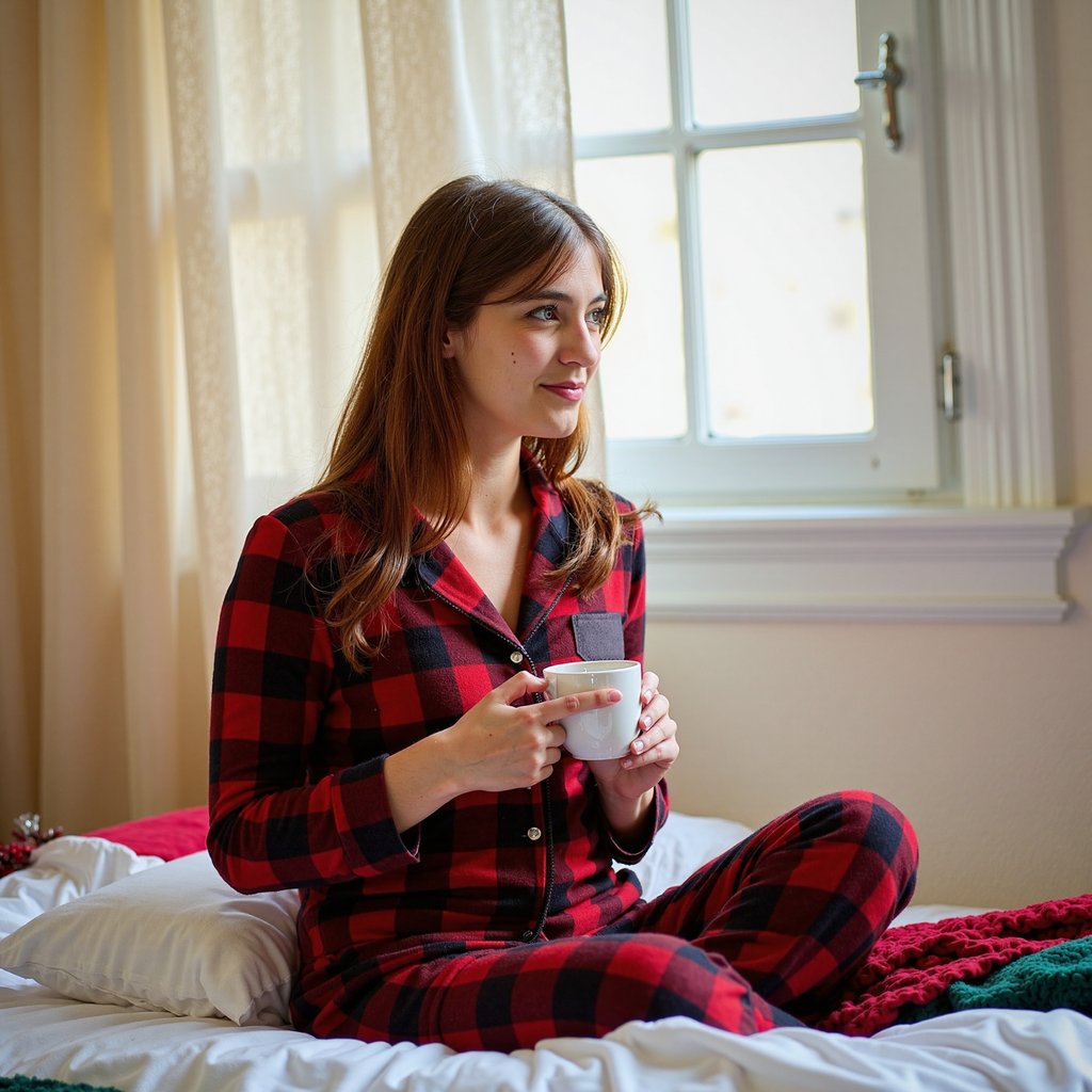 close up of a woman sitting on her bed in soft plaid pajamas, morning light streaming in from a nearby window. she holds a steaming mug of cocoa with both hands, smiling faintly as she looks toward the light. the bed is covered in white sheets with hints of red-and-green textiles — minimal decor but cozy and festive. a small decorated christmas tree or garland is visible in the corner of the room, softly blurred. the color palette is gentle neutrals and soft warm light with a clean, airy mood. cinematic natural light composition, highly detailed fabrics, ultra-realistic skin texture, hdr.