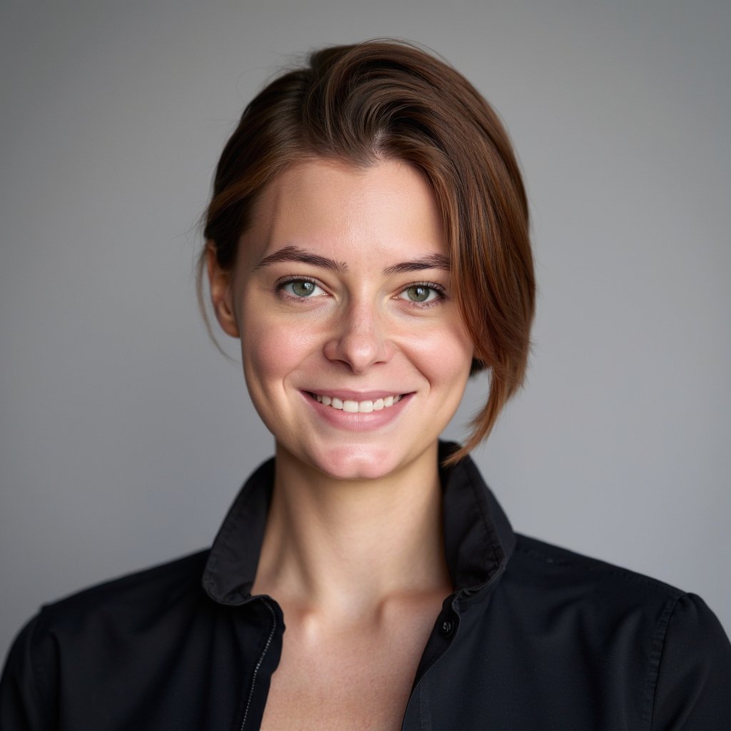 A highly detailed HDR passport-style headshot of a woman in her late 30s. She has auburn hair styled in a neat low bun, with a smooth side part. She wears a simple black blouse with a matte texture and minimal structure. Lighting is neutral, evenly diffused, with a slight top-fill to soften features without removing natural detail. Background is a light gray gradient fading subtly from lighter in the center to slightly darker near the edges, still fully clean and distraction-free. Camera angle is centered and level. Her expression is relaxed and neutral. The image shows fine details such as natural skin texture, hair color nuances, and fabric matte finish. Polished and ideal for official documentation.
