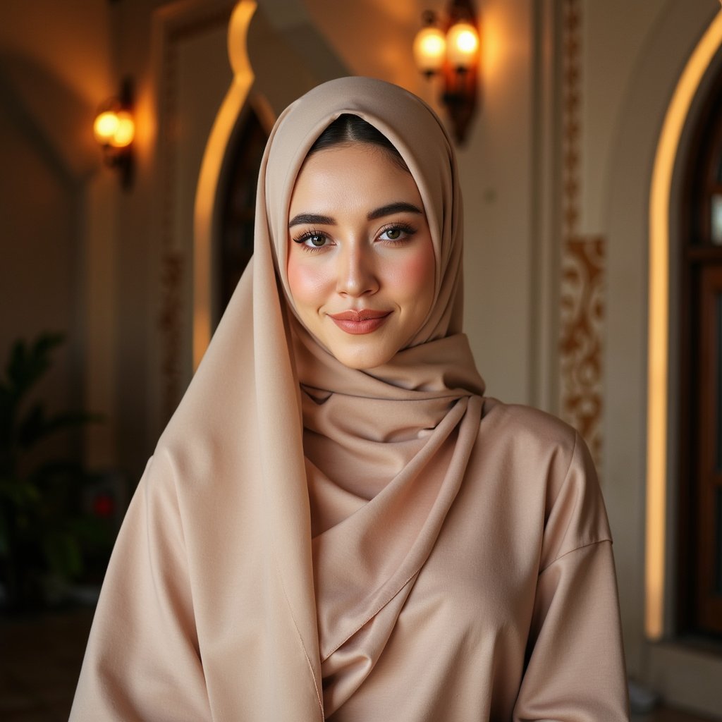 Editorial-style portrait of a woman facing camera in formal modest attire, backdrop with soft bokeh lights, conveying warmth and grace for Mawlid celebration