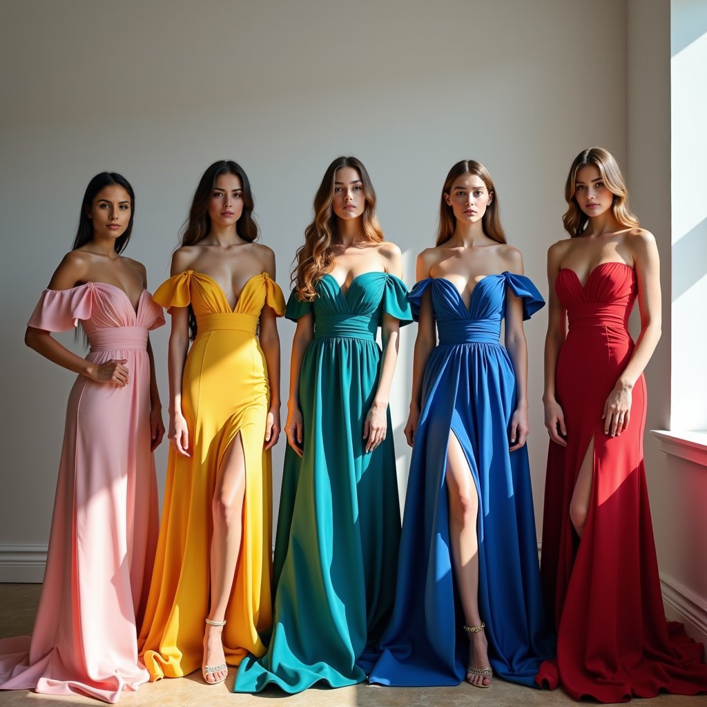 Stunning woman, multi-colored gown, plain wall, professional shot.