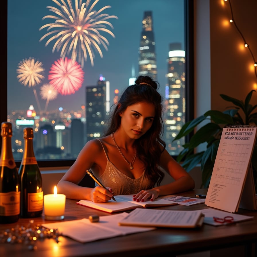 A focused woman sitting at a desk, writing her New Year’s resolutions in a journal, with a motivational vision board and a calendar in the background, lit by warm candlelight