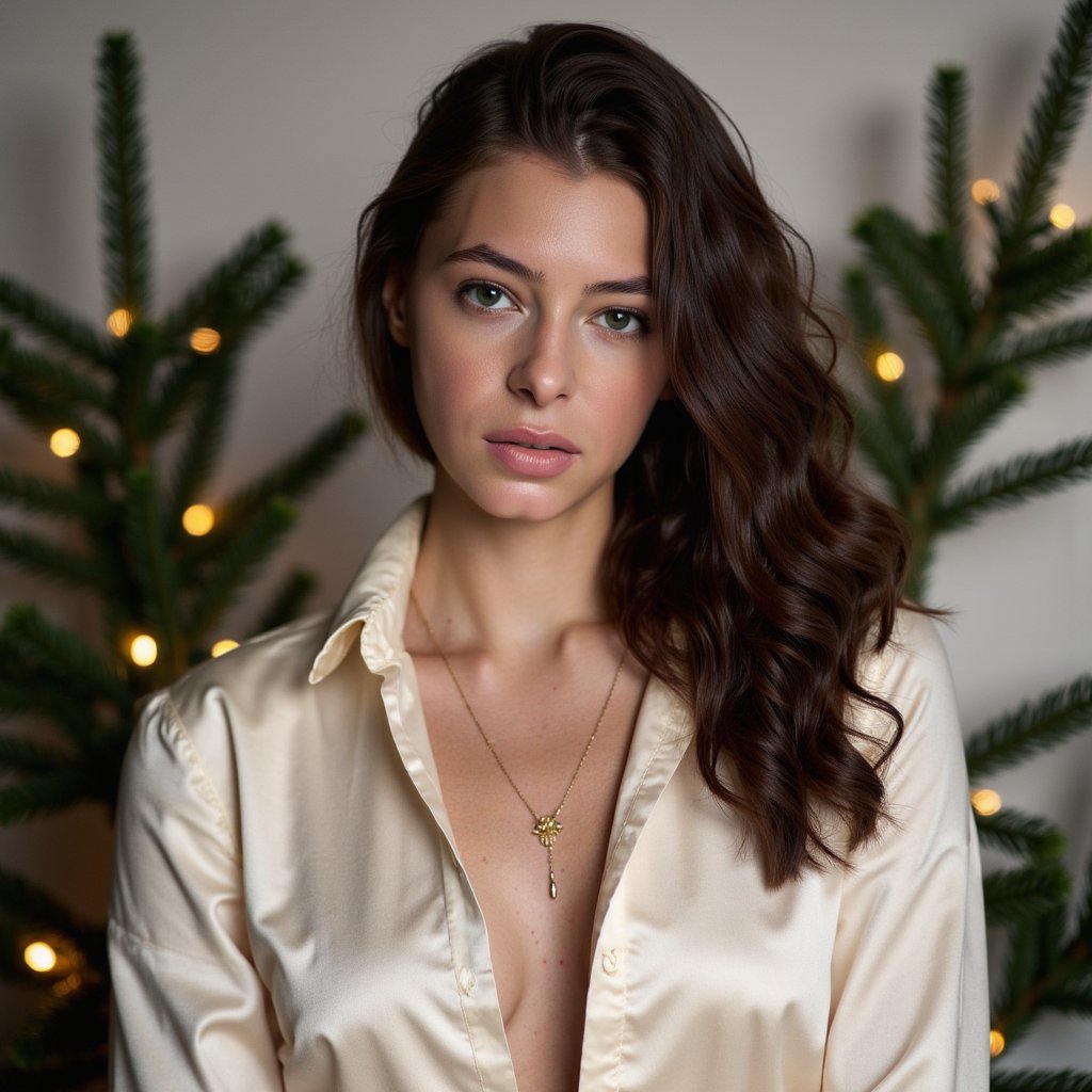 Head-and-shoulders portrait of a woman against a clean, elegant evergreen backdrop decorated with tiny warm fairy lights. She faces the camera calmly with a serene, Christmas-card expression. She wears a cream satin blouse with soft sheen and a gold pendant necklace.
Hair: voluminous soft curls parted to one side.
Makeup: holiday glam—soft shimmer eyeshadow, long curled lashes, warm pink lipstick.
Lighting: balanced beauty softbox from the front with a gentle hair-light from above to define curls.
Background: dark green pine branches with gentle glowing bokeh; minimal clutter, clean composition.
Camera: 85mm f/2.2; highly detailed, highly realistic, HDR, showing satin shine, hair texture, and precise bokeh.