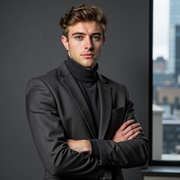 man wearing a charcoal gray turtleneck sweater, with his chin slightly raised, e