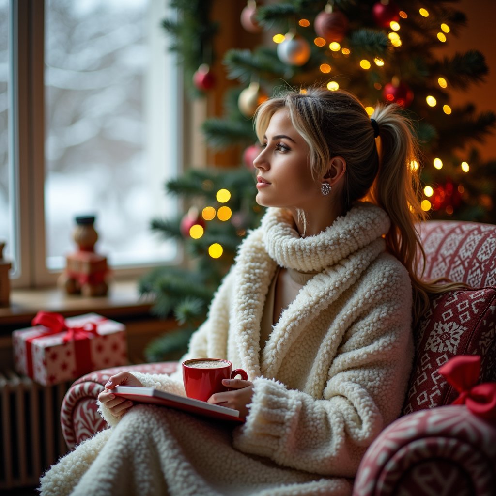 woman in cozy winter attire, sitting in a comfortable reading nook with soft lighting, surrounded by festive Christmas decorations and a crackling fireplace, lost in thought with a reflective expression, holding a cup of hot chocolate and a journal, with a blurred background of a snowy winter wonderland outside the window, symbolizing the quiet contemplation and introspection of the holiday season.