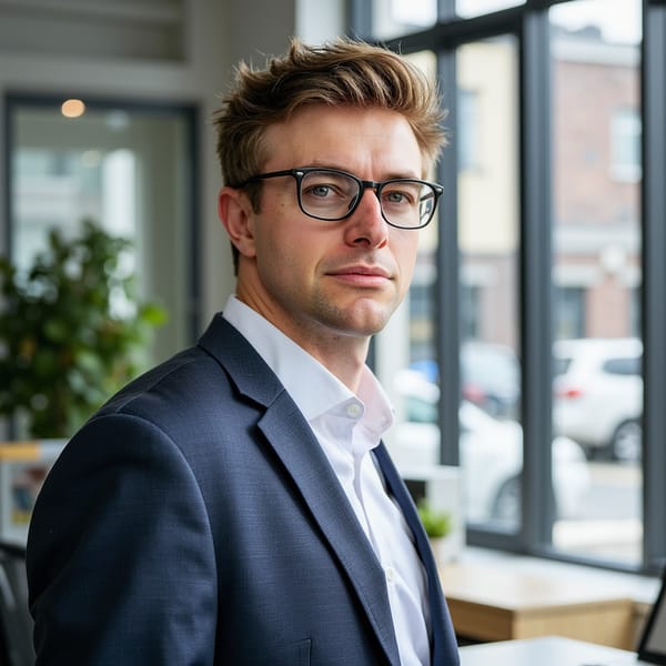 Tight headshot of a man in a white dress shirt, open collar, wearing thin-framed glasses. Calm expression, slight half-smile. Blurred open-office backdrop. Natural lighting from a nearby window casts mild shadows. Light stubble, skin pores, and reflections on glasses captured realistically.