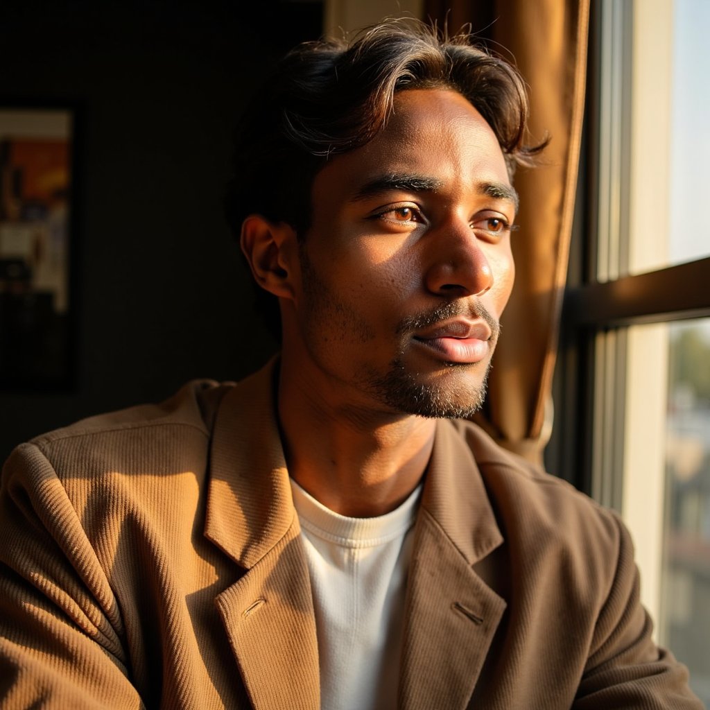 A cinematic warm interior portrait of a man (mid 20s) sitting near a large window at golden hour, waist-up framing, camera slightly off-axis to the right. Hair: soft wavy hair, medium length, naturally parted. Face: realistic skin texture with gentle glow, faint freckles, relaxed thoughtful expression, eyes looking toward window light. Wardrobe: light brown corduroy jacket with visible ribbed texture, off-white cotton shirt underneath. Lighting: golden-hour sunlight streaming through window as key, soft shadow falloff, minimal fill for depth. Background: blurred interior wall and window frame, warm color tones, no visible decor. Camera: 50mm lens, f/2, cinematic warmth and clarity. Highly detailed, highly realistic, HDR quality, cinematic natural light, minimal background clutter.