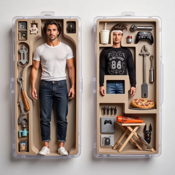 A toy action figure modeled as a relaxed man in joggers and a hoodie, leaning on a lawn chair inside the packaging. Scattered around him: an empty coffee cup, toolbox, pizza box, and a video game controller. Label: THE CHAOTIC DUDE.
