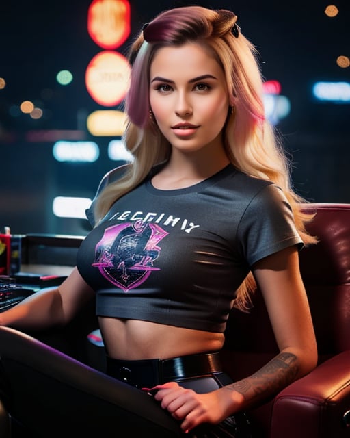 amazingly detailed, masterpiece, ultra hd, beautiful girl, computer gamer, gaming computer, gaming chair, playing cyberpunk 2077, neon bedroom, streamer setup, (italian:0.3, spanish:0.4, french:0.3) , cyberpunk theme, wild long hair, blonde with pink streaks, high detail hair, smokey eye shadow, high detail skin, high detail eyes, seductive eyes, smokey makeup, slender body, toned body, perfect face, slim athletic body, (perky small breasts:1.5) , (cold attitude, eyeshadow, eyeliner:1. 6) , tattoos, ruby nose stud piercing, (Vintage Samurai Retro Japanese Gaming 2077 Art Game Style T-Shirt) , vibrant colors, beautiful, dramatic lighting, shallow depth of field, Ultra-realistic, beautiful lighting

