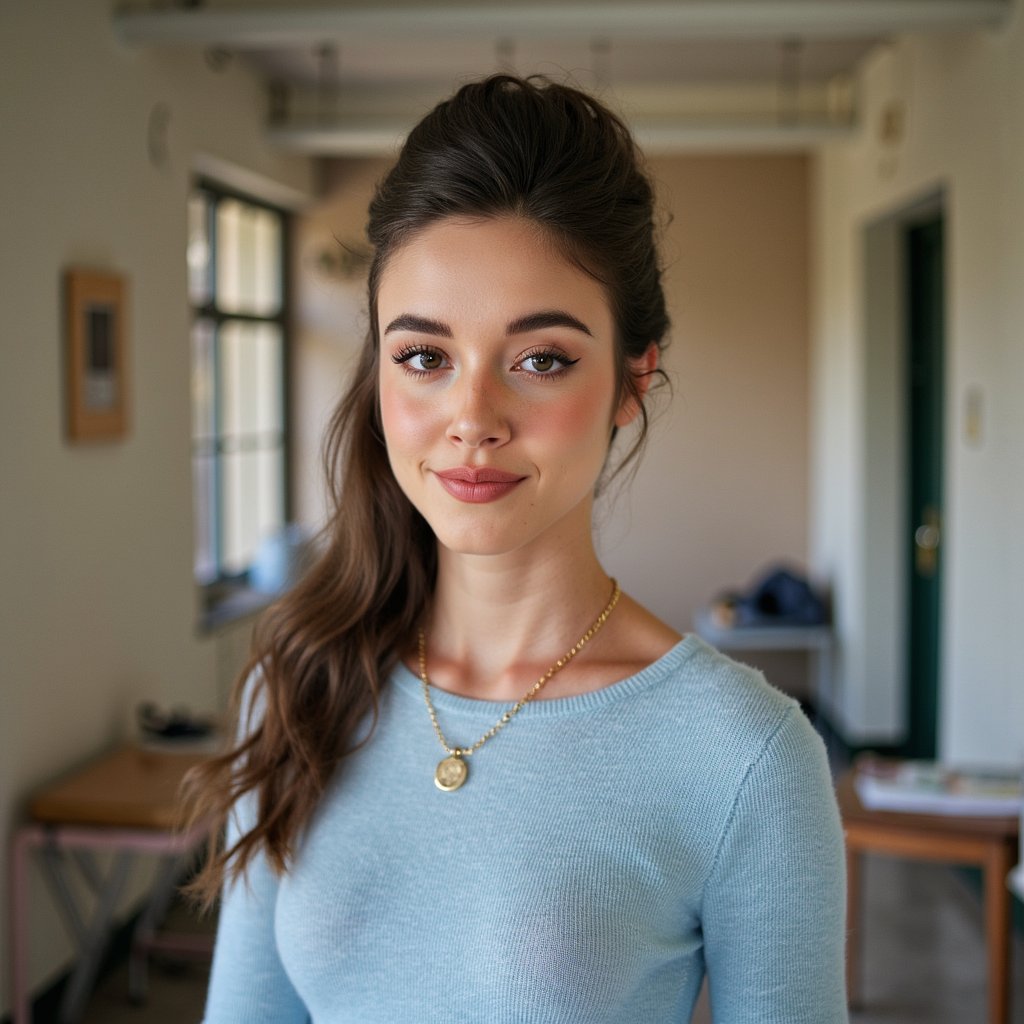 Ultra-realistic 1960s senior girl portrait, shot waist-up with an 85mm lens, shallow depth of field. She wears a fitted pastel blue wool sweater with a fine ribbed neckline, the weave visible in high resolution. Hair is styled in a high beehive, perfectly teased and pinned, with curled ends framing her jawline. A thin gold chain necklace with a small locket rests against the sweater, catching a pinpoint of light. Her eyes are hazel with natural light catch, lashes thickened with mascara, and a faint winged eyeliner. Skin shows lifelike texture — fine peach fuzz near the temples, soft freckles on the cheeks, and a natural sheen across the T-zone. Lips are lightly glossed pink, corners slightly upturned. Studio three-point lighting with a warm fill on the left, giving depth to cheek contours. Background is a smooth taupe muslin, blurred for subtle tonal gradient.