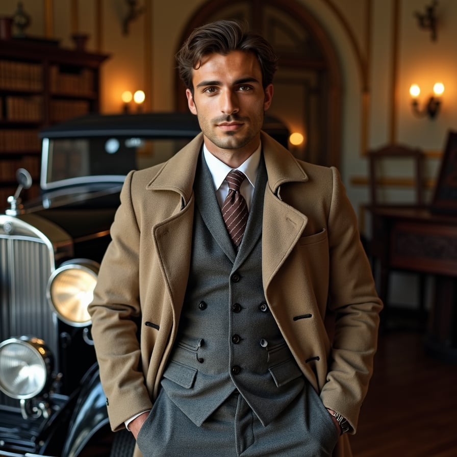 man standing in front of a classic car or a vintage mansion. He is dressed in a trench coat or tailored jacket with a scarf, evoking a sense of timeless elegance. His expression is confident, and the lighting is warm and reminiscent of a bygone era