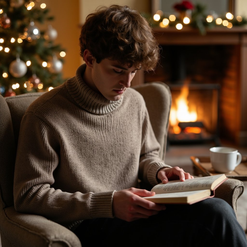close up of a man in a relaxed turtleneck sweater and comfortable trousers, sitting in an armchair near a fireplace with a decorated christmas tree off to the side. he holds an open book in his lap, looking down at the pages with a calm, absorbed expression. a simple mug of hot drink rests on a small side table next to him. the fireplace casts a warm, directional glow across his face and hands, while the tree lights add soft highlights and subtle reflections on nearby ornaments. the background remains uncluttered, with just a hint of mantle decor and shadows. rich contrast between deep shadows and warm highlights gives the scene a cinematic, intimate feel. three-quarter portrait composition, ultra-detailed, highly realistic, hdr.