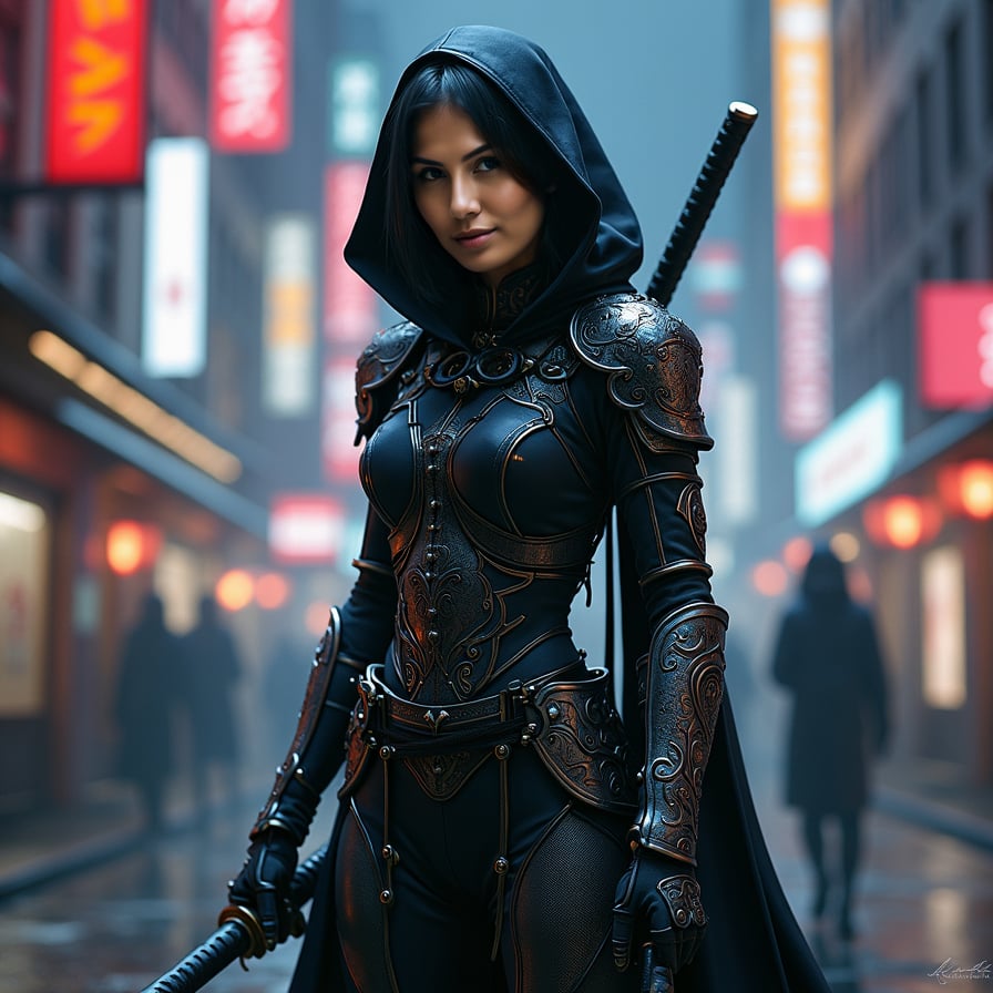 woman in unique ninja style, wearing a futuristic black and silver armor, adorned with intricate, Japanese-inspired designs, holding a pair of razor-sharp katanas, standing in a misty, neon-lit cityscape at night