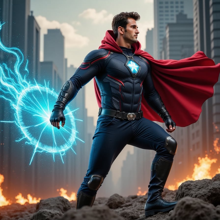 Heroic New Avenger male, wielding a glowing energy weapon, torn cape flowing in the wind, surrounded by chaos and fire, intense expression, ultra-detailed, hyperrealistic 8K render