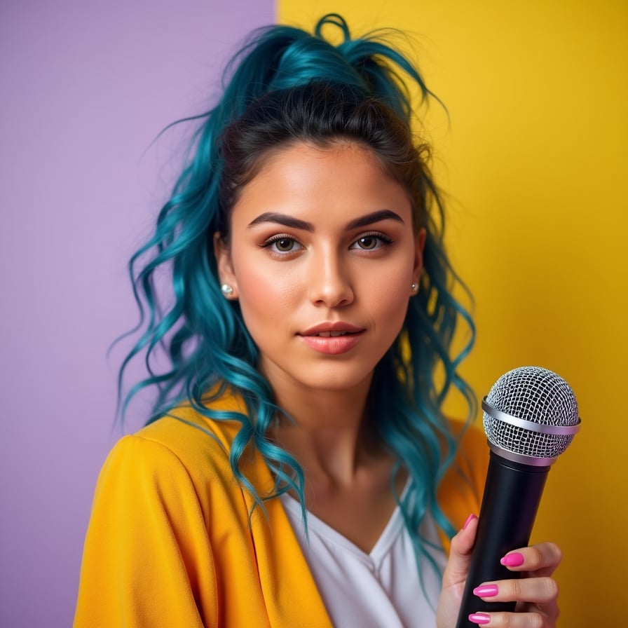 Generate a lively and eye-catching headshot of a woman with a big smile or an expressive, surprised look. She is styled in casual or trendy clothing, against a bright, high-contrast background. The image should exude energy and approachability, perfect for grabbing attention in thumbnails