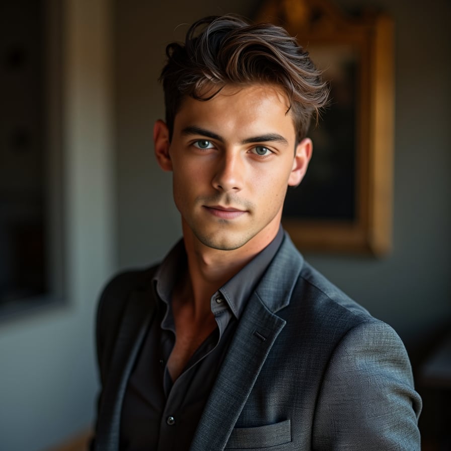 confident man with a modern, polished look. He has a sophisticated charm, wearing a tailored blazer or casual smart attire, with soft natural lighting enhancing his features. The pose is relaxed yet poised, exuding professionalism and approachability