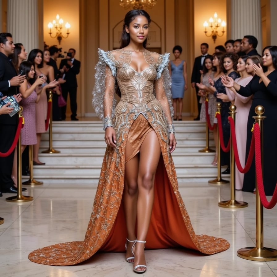 A futuristic Met Gala look featuring holographic fabric, structural shoulder pieces, and iridescent lighting, Vogue-style editorial photograph with marble staircase background