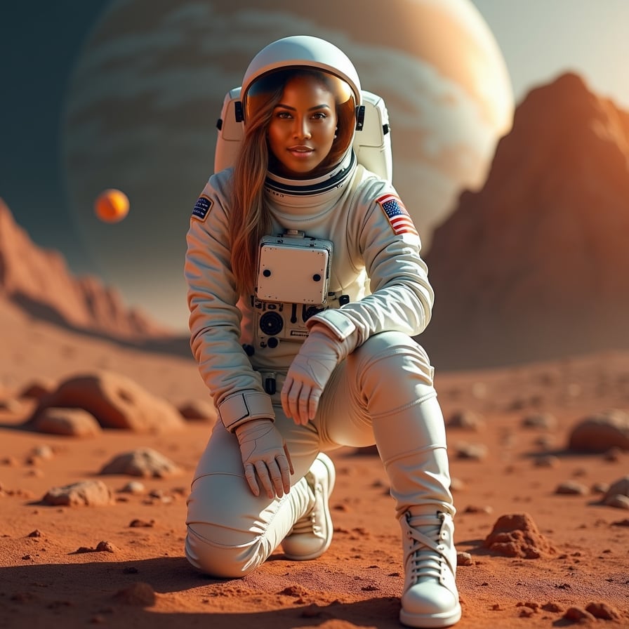 woman wearing a sleek white spacesuit, Mars landscape background with red planet terrain and dust storms, constructing a futuristic habitat module, with tools and components scattered around her, confident pose with a sense of determination and pioneering spirit.