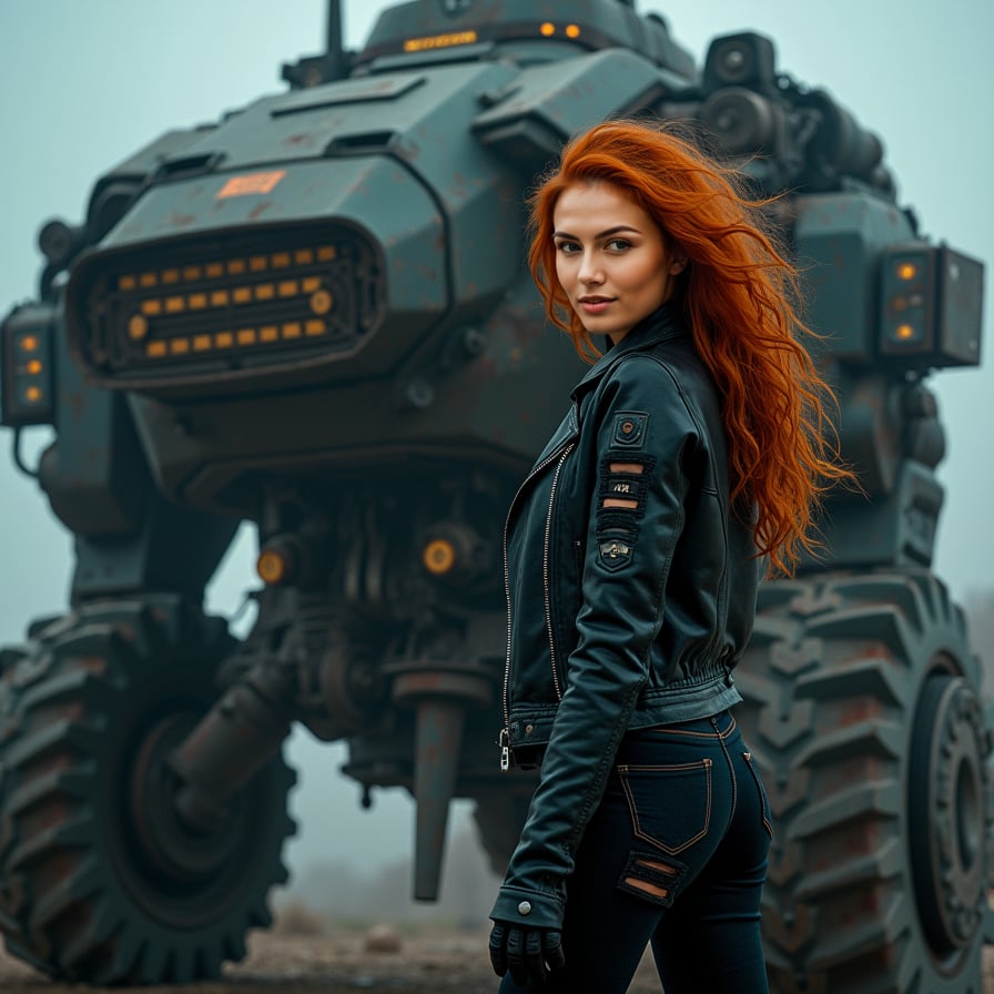 woman in distressed black leather jacket and skinny high-waist ripped jeans, wild fiery mane, intense gaze, grasping control of massive mechanical vehicle DISRUPTOR, ominous foggy post-apocalyptic wasteland backdrop, intense dramatic lighting, dark industrial hues, right-sided framing, low-angle shot, moody night shadows, highlights on DISRUPTOR's metallic surfaces, cinematic composition.