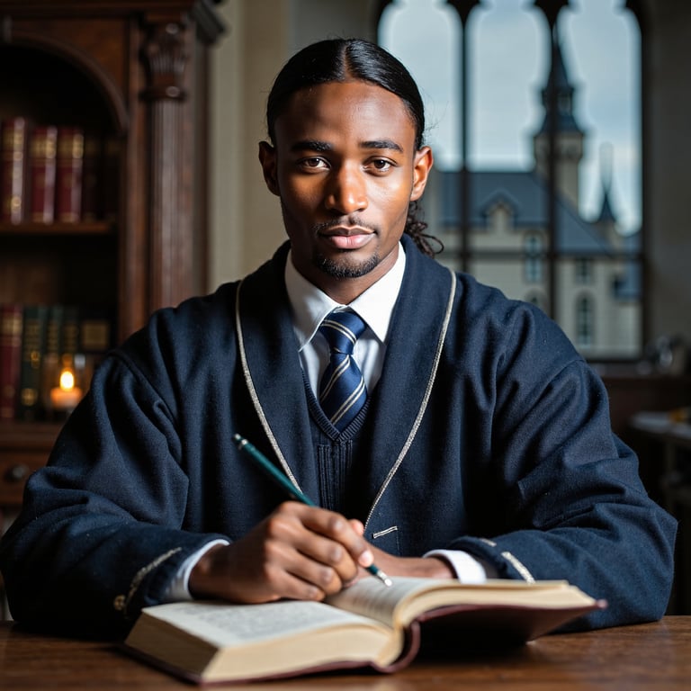 Ultra-detailed HDR seated portrait of a 17-year-old male Hogwarts student with l
