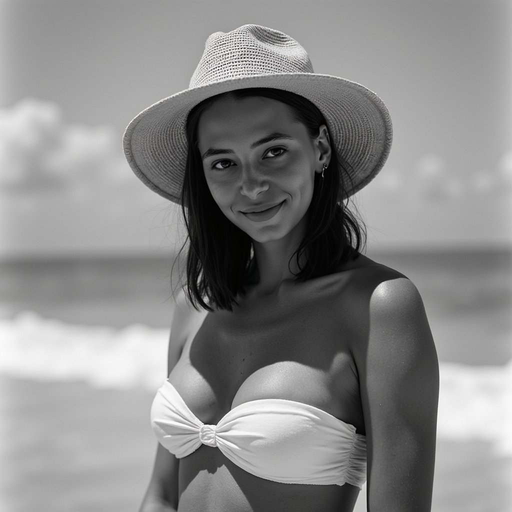 Adult woman — monochrome beachfront close-up portrait (black & white); attire: classic bandeau bikini (matte white) with a wide-brim raffia sunhat; hair: loose waves tucked behind one ear; pose: shoulders angled 20°, eyes to camera with soft smile; camera: 105mm macro used as portrait, f/3.5, ISO 100, 1/1250s; lighting: late-afternoon side light for crisp micro-contrast, white bounce for fill; background: blurred surf line and sky gradient, minimal elements; details: fine weave of hat brim sharply resolved, subtle fabric grain of bandeau, defined yet natural skin texture—no plasticity; style: highly realistic, highly detailed, HDR tonality in B&W, timeless fashion.