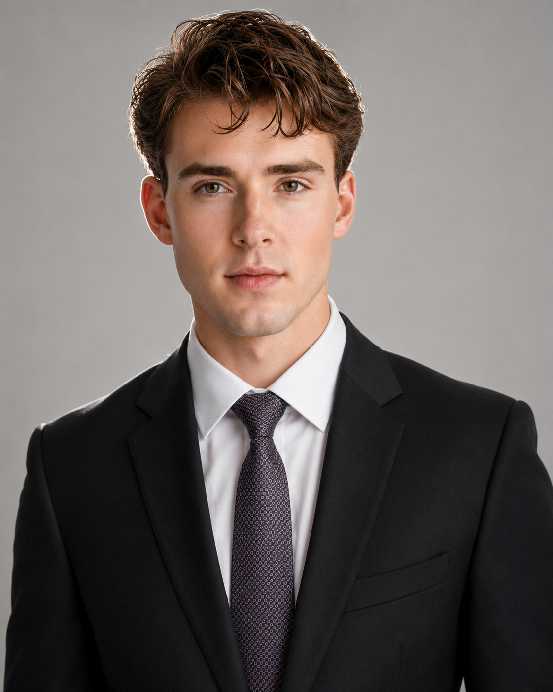 Professional male headshot, black suit, white shirt, patterned tie, three-point studio lighting, neutral grey background, direct confident gaze