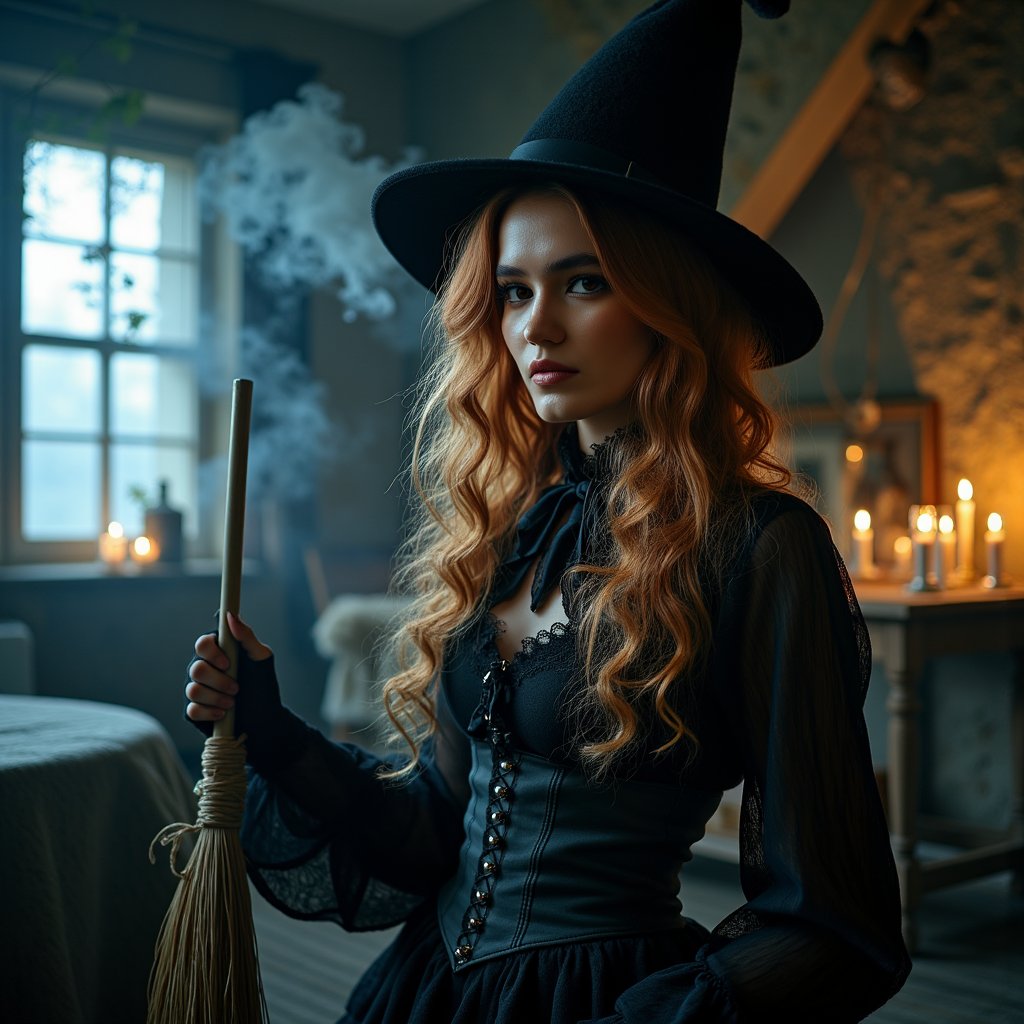 Full-body shot with slight Dutch tilt, 28 mm, f/2.8, ISO 1000, 1/80 s. Primary light: moonbeam entering from the attic window behind her, creating a cool rim along her copper curls and tall felt hat, leaving most of her face in partial shadow. Warm fill from a small candle cluster reveals the texture of her corseted bodice and layered tulle skirt without brightening the darker corners of the frame. Dust motes are visible in the moonlight beam. Depth of field moderate — her face, broom, and near floor in focus, the back wall blurred. Highly detailed, highly realistic, HDR.