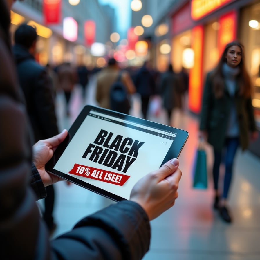 A close-up of a person's hands holding a tablet with a Black Friday sale webpage, with a city skyline blurred in the background