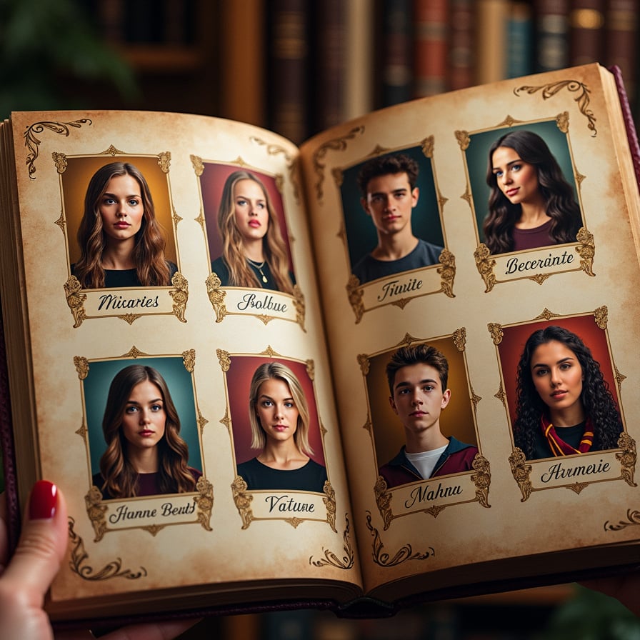 A Hogwarts-style yearbook page featuring student portraits in magical frames, each with a glowing border. Add whimsical details like small moving icons (e.g., animated owls, wands, or potion bottles) and house names written in elegant, enchanted lettering