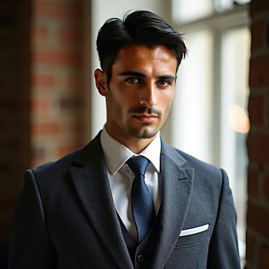 Man in suit, cinematic close-up, moody composition, professional.