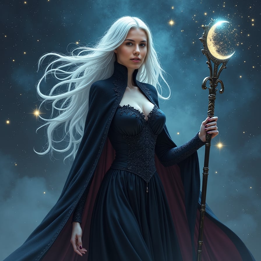 Illustrate a celestial vampire sorceress floating in a night sky filled with stars and swirling nebulas. Her long silver hair blends with the constellations, and her skin glows faintly as if reflecting moonlight. She wears a mystical gown with shimmering, galaxy-like patterns and holds an ancient, glowing staff with a crescent moon symbol. Her expression is serene but intense, and the stars around her pulse with an eerie, supernatural energy.