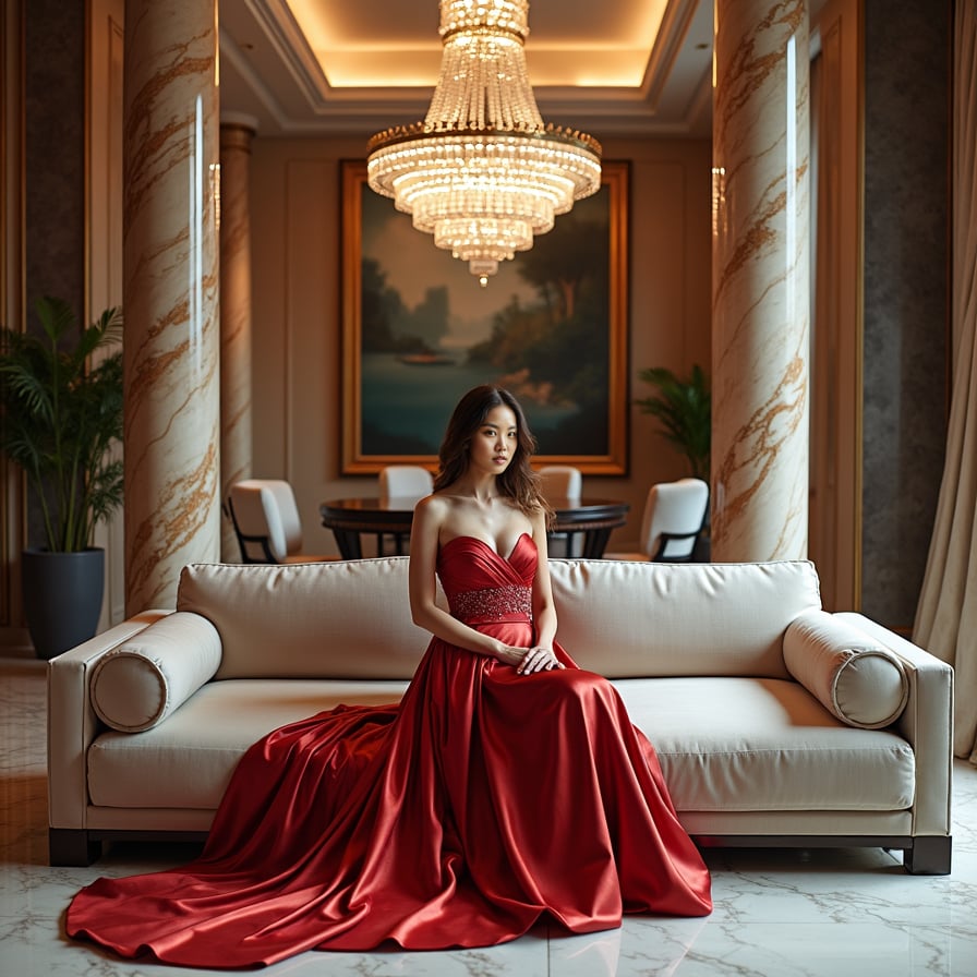 Elegant woman in gown, penthouse, opulent living room.