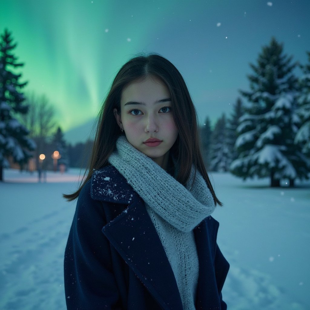 A highly realistic, highly detailed, HDR waist-up cinematic winter portrait of a woman standing in a snowy clearing under a glowing green-blue aurora. Camera angle: slightly low for subtle drama. She wears a navy long coat and a light-gray chunky knit scarf. Her dark hair is styled in loose waves with tiny snowflakes on the strands. Lighting combines cold moonlight and aurora glow, creating dramatic, photorealistic contrast on her face. Background: softly blurred pine silhouettes, falling snow, clean composition.