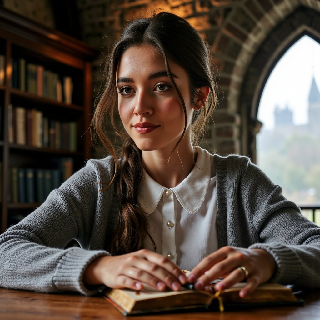 Medium close-up of a young witch seated at a heavy oak table, hair in thick, defined curls partially pinned back with tortoiseshell hairpins. Face illuminated by warm candlelight, skin texture and fine facial hair subtly visible. Wearing a pristine white blouse with a crisp Peter Pan collar under a gray cardigan, fabric weave and tiny pearl buttons in sharp focus. Hands gently resting on the edges of a weathered, gold-embossed spellbook, page fibers faintly textured. Shot with a 50mm lens at f/1.6, shallow depth revealing blurred floor-to-ceiling bookshelves with muted green spines.